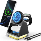 3 in 1 Fast Charging Station for Multiple Apple Devices, Portable Wireless Charger Stand with Magsafe,Magnetic Travel Charge Dock for iPhone 16e/15 Pro Max/14 Plus/13 Mini/12/Apple Watch Ultra/AirPods