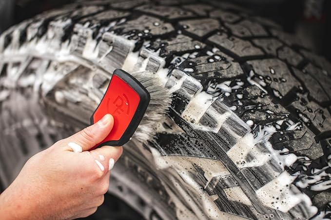 Detail Factory - ProGrip Tire Brush - Ergonomic ProGrip Handle, Stiff Synthetic Bristles, Ergonomic Design, Clean Your Tires with Ease - Red