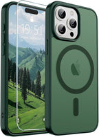 SUPFINE Magnetic for iPhone 15 Pro Max Case (Compatible with MagSafe) (Military Grade Drop Protection) Slim Translucent Matte Shockproof with Anti-Fingerprint Phone Case, Forest Green