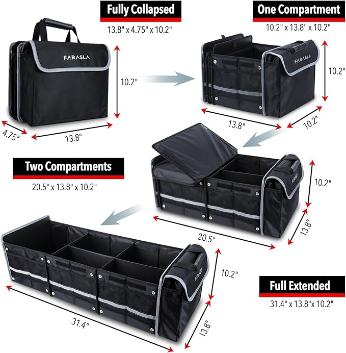 Farasla Waterproof Trunk Organizer with Insulated Leakproof Cooler Bag, Foldable Cover, Adjustable Securing Straps (Black)