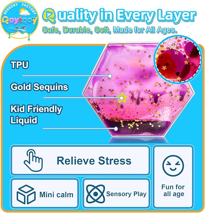 Squishy Liquid Sensory Gel Tiles 9 Packs - Hexagon Liquid Sensory Toys for Stress Relief & Fidget Fun, Washable Sensory Floor Tiles for Toddles 3+ Home, Classroom, Travel