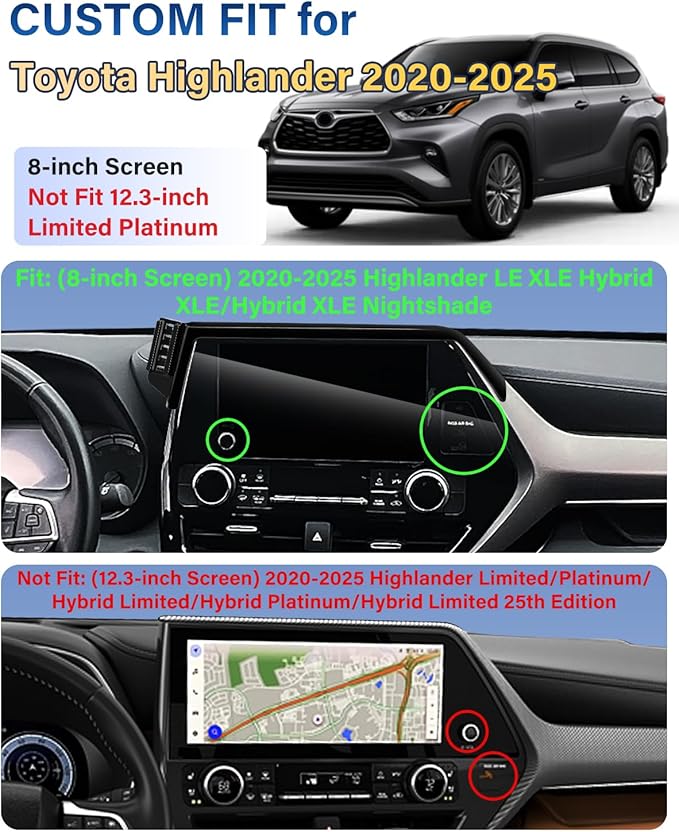 SKYLOTEC Car Phone Holder for Toyota Highlander 2020-2025 Accessories 8-Inch Screen Fixed Clip, Automobile Cradles Phone Mount, Cell Phone Base Not Block Air Vent (Not Fit 12.3-inch Limited Platinum)