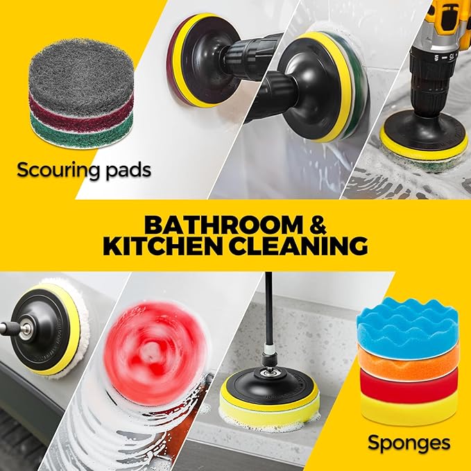 Holikme 22Pack Drill Brush Attachments Set, Scrub Pads & Sponge, Buffing Pads, Power Scrubber Brush, Car Polishing Pad Kit,Wax Applicator Pad,Car Cleaning Kit,Cleaning Supplies,Masonry Brushes,White
