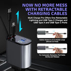 Multi Charge Pro iPhone Car Charger Fast Charging Retractable Car Charger USB C Auto Adapter, Powerful 120W 4-Port USB-C & USB-A and Lightning iPhone, Samsung, Tablets USBC Charger Block