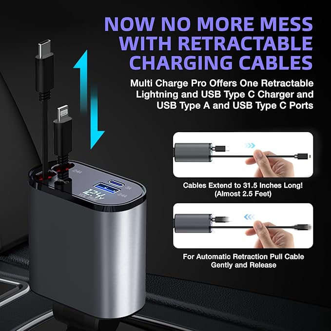 Multi Charge Pro iPhone Car Charger Fast Charging Retractable Car Charger USB C Auto Adapter, Powerful 120W 4-Port USB-C & USB-A and Lightning iPhone, Samsung, Tablets USBC Charger Block