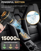 Foldable Cordless Handheld Car Vacuum Cleaner, 15000PA High Power 2-in-1 Mini Vacuum Duster & Inflator, with 3-Speed Brushless Motor for Car Care, Home, Office, Pet