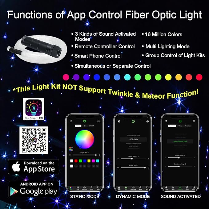 AKEPO APP 6W Mini Size Starlight Headliner Fiber Optic Lights Kit, 200pcs 0.03in/0.75mm 6.5ft/2m Optical Fibers+Music Activated Function+Remote/APP Control Star Ceiling Light Kits