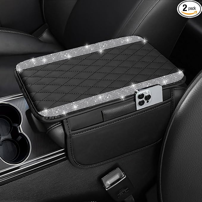 NBTEPEM Bling Car Center Console Cover, Leather Car Arm Rest Cover Cushion with 2 Storage Bags, Universal Auto Armrest Protector Storage Box, Bling Accessories Interior for Most Vehicles (Silver)