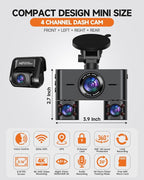 Dash Cam 360°, 4 Channel Camera for Cars Front and Rear Inside, 2K FHD Mini Dashcam, 5G WiFi, GPS, Free 64G Card, Voice Control, WDR, HDR, Night Vision, 24/7 Parking Mode(Upgraded Version V7PLUS)