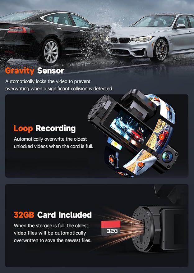 4K 3 Channel Dash Cam Front and Rear Inside, Dash Camera for Cars WDR Night Vision, 2 Inch IPS Screen WiFi App Control, 24H Parking Mode G-Sensor 32GB SD Card Included Support 256 GB Max