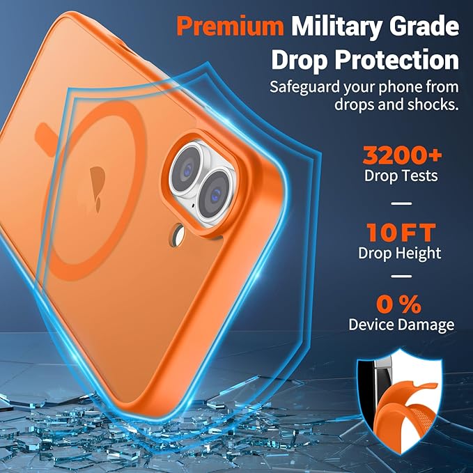 SUPFINE Magnetic for iPhone 16 Case with Screen Protector (Compatible with MagSafe) (Military Grade Drop Protection) Translucent Matte Shockproof Phone Cover,Starry Orange