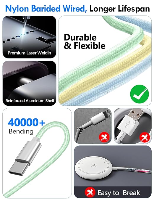 1Pack Multi Charging Cable Cord for Travel Essentials,Apple Watch Charger,iPhone Charger,[3-in-2] Type C/Lightning Cable Portable Designed for iWatch,iPhone 17-8,Galaxy S25-21,AirPods,iPad-4FT Green