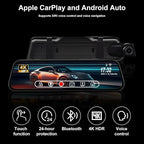 4K Mirror Dash Cam with Carplay&Android Auto,10" Rear View Mirror Camera for Cars/Trucks with Voice Control/Real 64GB Card/Touch Screen/Parking Monitor/Reverse Assist/Dual Loop Record/WDR Tech