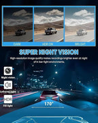 Car Dash Cam Wireless Front Rear 360 Full View 4K Dual Security 24HR Rechargeable 4 Channel Mirror Rearview Interior Auto Video On-Dash Mounted Driving Recorder Truck Electronics Accessory(128G)