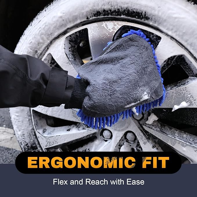 2Pack Premium Car Wash Mitt, Scratch-Free 2-in-1 Dual-Side Chenille Microfiber Gloves for Auto Detailing, Safe on Paint, Glass, Chrome – for Cars, Trucks, SUVs, RV & Motorcycle (Blue)