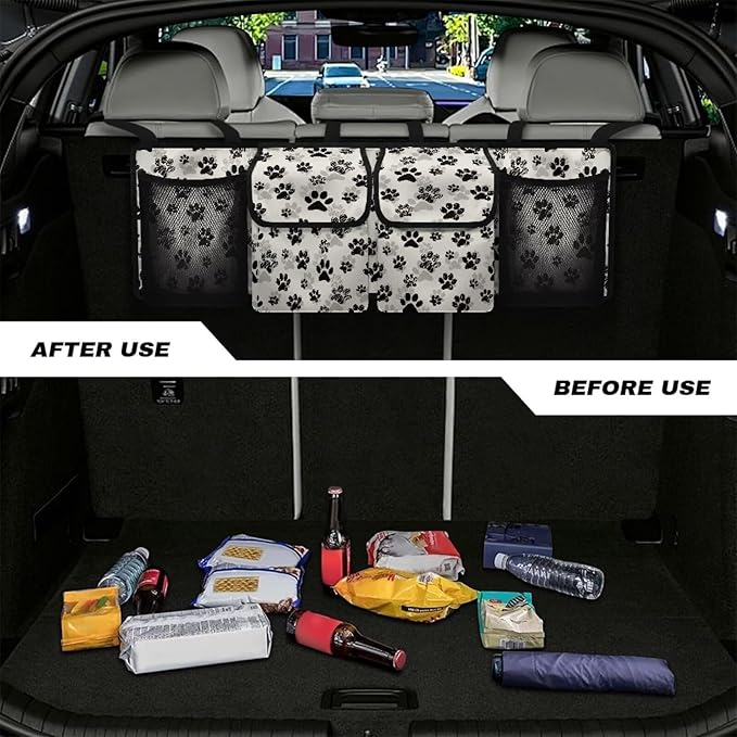 Black Dog Paw Print Trunk Hanging Storage Bag Large Capacity Car Back Seat Organizer with 4 Storage Bags,Space Saving Expert