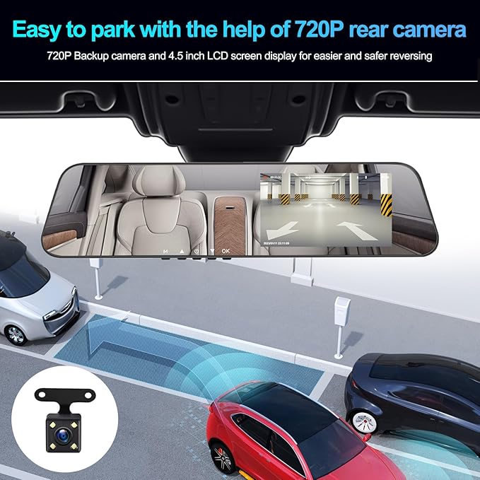 4 inch Mirror Dash Cam,1080P Rear View Mirror Camera for Cars,Dual Dash Cameras Front and Rear HD Night Vision,24H Parking Monitoring,Loop Recording, Motion Detection,Reversing Assistance,32GB TF Card