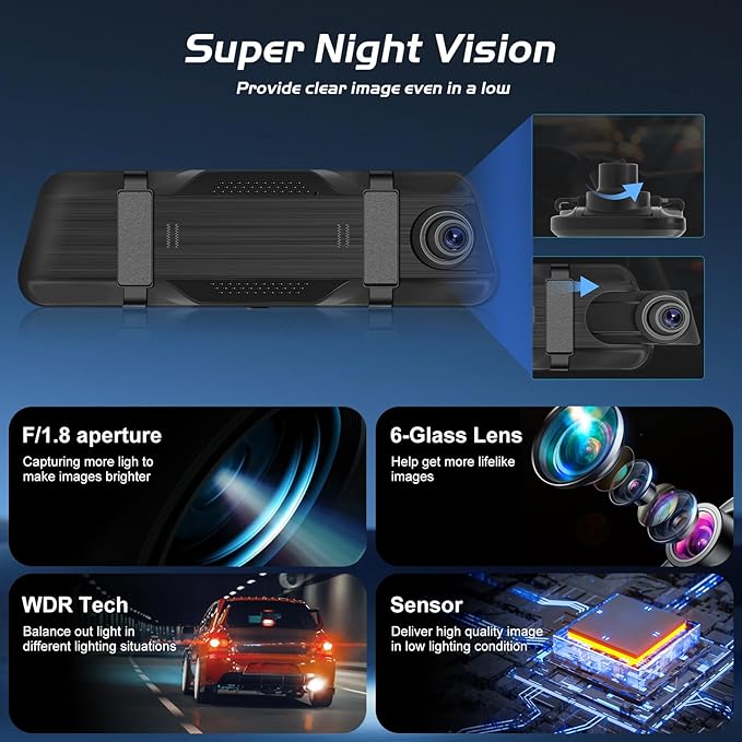 9.66 Inch Rear View Mirror Camera - 4K Mirror Dash Cam Front and Rear with 1080P Rear Camera - Full Touch Screen Mirror Camera for Car with WiFi&APP Control Parking Monitor Night Vision + 64GB Card