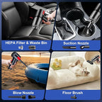 Car Vacuum Portable Cordless 4000PA High Power Mini Vacuum Cleaner 4-in-1 Compressed Air Duster & Air Blower & Pump Hand Held Vacuum with Brushless Motor for Car, Home, Office, Pet