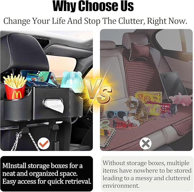 4-in-1 Back Seat Car Organizer – Premium Nappa Leather Storage Caddy with Cup Holder, Tissue Dispenser & Phone Pocket for Kids & Travel | Universal Fit for SUVs, Vans & Cars (Black)