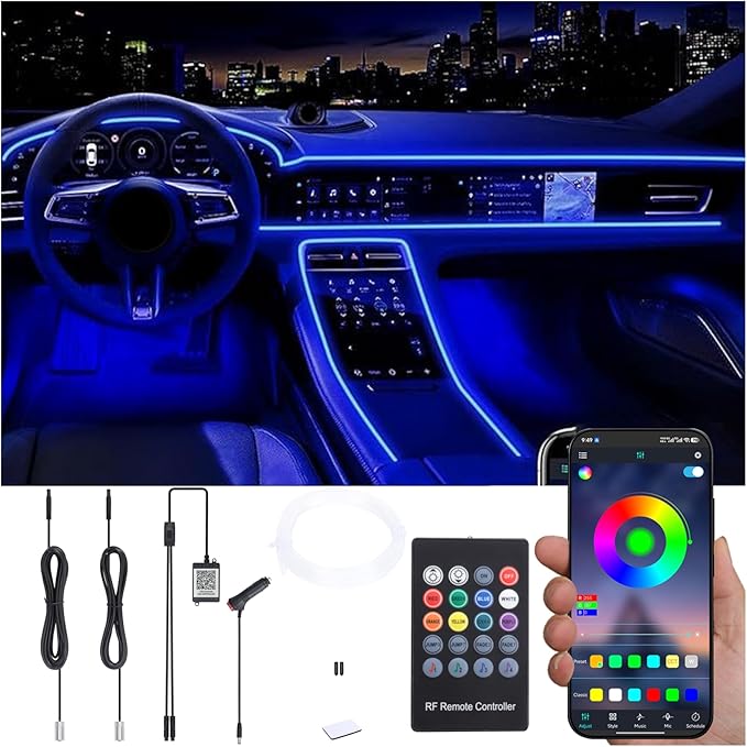Car Interior Ambient Lighting Kit Multicolor RGB 3m Optic Fiber 64 Colors Sound Active Music Sync Memory Function Wireless RF Remote Controller + Bluetooth APP Control Car Atmosphere Light