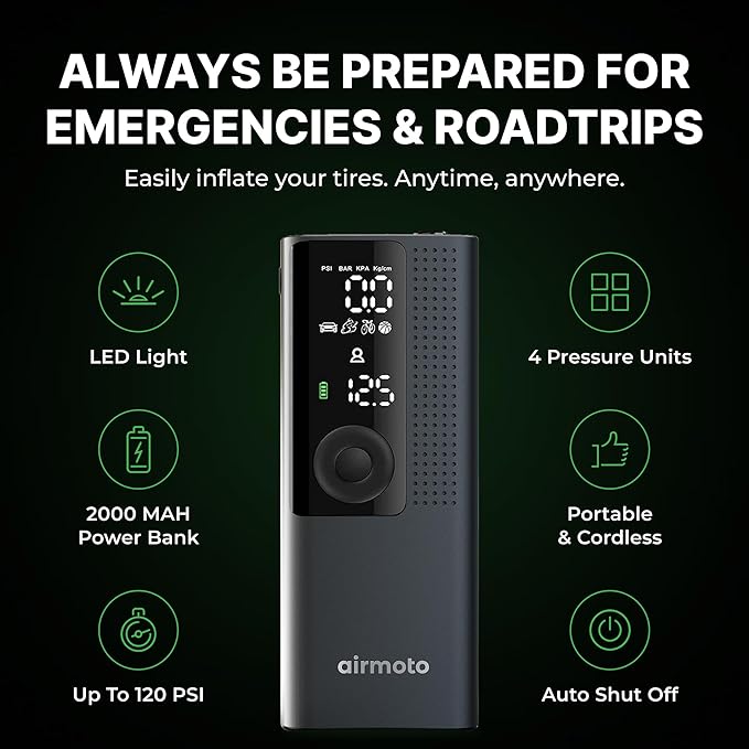 Airmoto Tire Inflator Portable Air Compressor - Air Pump For Car Tires with Digital Pressure Gauge, LED Light and Auto Shut-Off Function - Cordless Pump for Car, Motorcycle, Bicycle, Ball (Pack of 2)