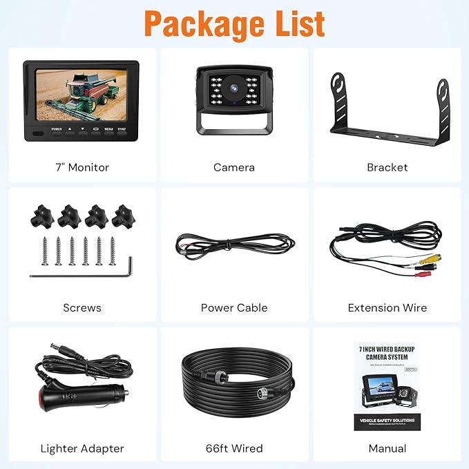 FEISIKE 1080P Wired Backup Camera System for Tractors and Farm Trucks – 7" HD Monitor with Waterproof Rear View Camera, IR Night Vision, Vibration-Proof 10G for Agricultural & Heavy Equipment
