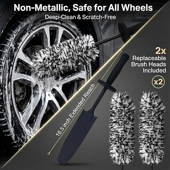 9PCS Professional Wheel Detailing Kit - Microfiber Flat Rim Brush w/Removable Cover, Boar Hair Detail Brush, Cleaning Pads, Towel & Storage Bag | Scratch-Free for All Vehicles