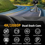 Dash Cam Front and Rear: 4K Dual Channel Dash Cam - 5GHz WiFi, Dash Camera for Cars with 64GB Card, 2" IPS, App Control, G-Sensor, Loop Recording, 170° Wide Angle, Night Vision, 24H Parking Mode