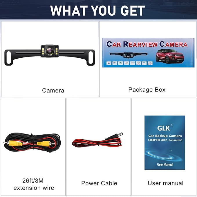 GLK Backup Camera Rear View Camera AHD 1080P Night Vision Reverse Camera, License Plate Backup Camera with 6 LED Lights,170 Degree Wide View Angle, IP69K Waterproof, for 12-24V Pickup Car Truck RV SUV
