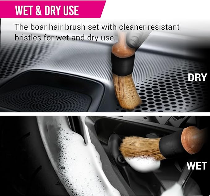 H.O.W Detailing Brush Set Ultra Soft Boars Hair Detailing Brushes 3 Pack, Detail Automotive Interior or Exterior, get Professional Results with Proper Detail Brushes Car Detailing