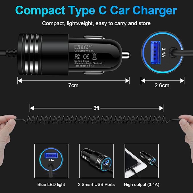 Android Car Charger Fast Charging Cord Type C 3.4A USB C Cigarette Lighter Adapter with Coiled Cable for Samsung Galaxy S26 S25 S24 S23 Z Flip 7 6 Z Fold 7 6 5 A57 A37 A17 A16 A35 A25 A15 A54 A14 A53