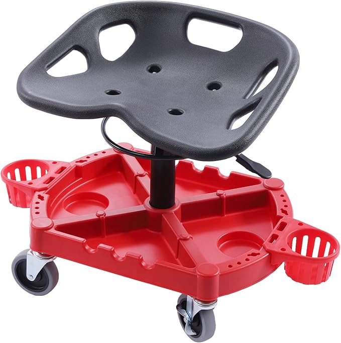 Rolling Garage Stool, 300 LBS Capacity, Adjustable Height, Parts Tray with Bottle Holders, Car Detailing Stool Chair Shop Stool for Car Cleaning Buffer Polisher Ceramic Coating