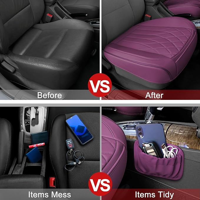 BEITK 2 Pack Leather Front Car Seat Cover Bottom Car Seat, Universal Anti-Slip Driver Car Seat Protectors with Storage Pocket, Waterproof Bottom Auto Seat Cushion Pad Mat for Most Vehicles(Purple)