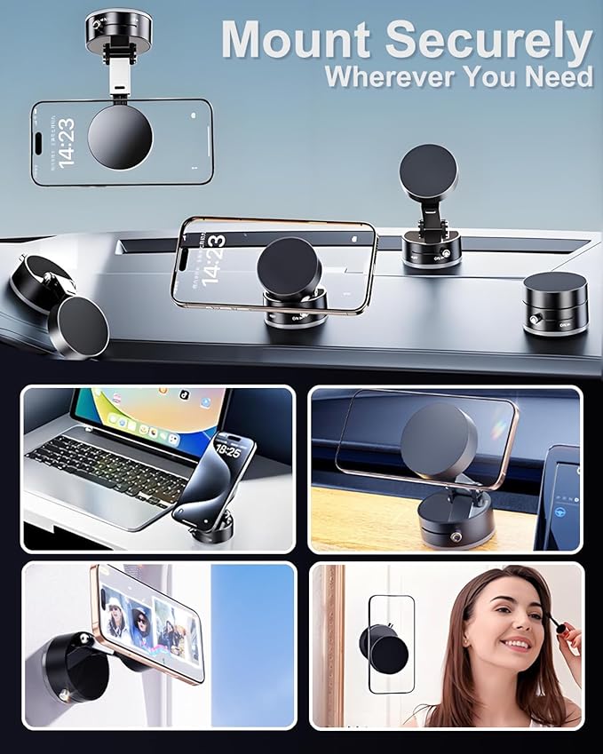JingJinYY Vacuum Suction Magnetic Phone Holder, 2025 Upgraded Foldable and Retractable Magnetic Mount, A Movable Vacuum Suction Cup Car Phone Stand for Cars/Gyms/Mirrors/Smooth Surface (Black)