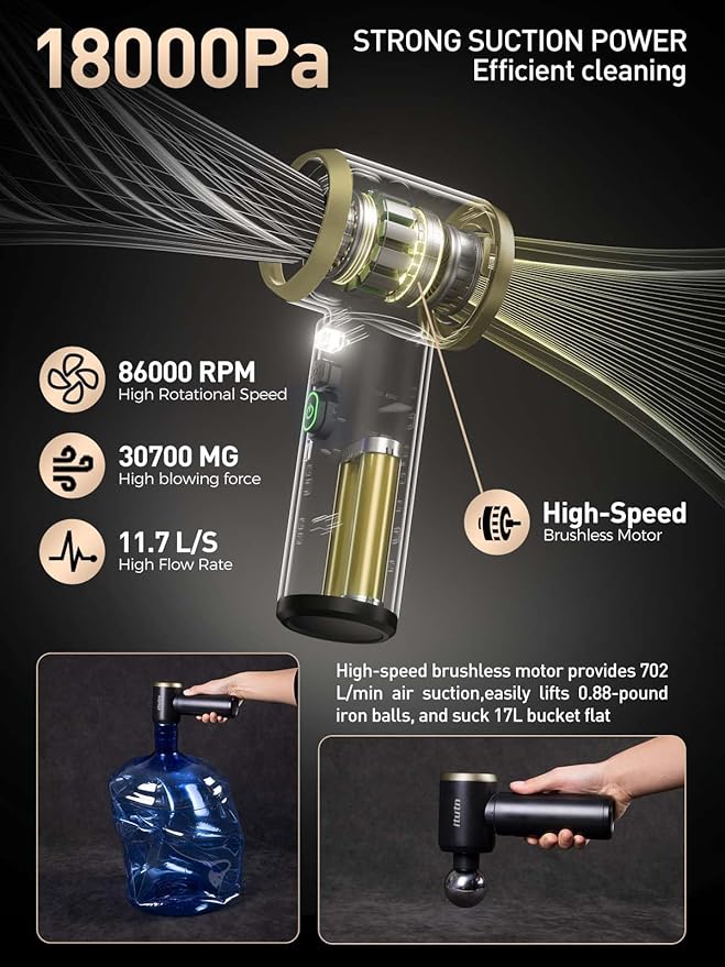 Car Vacuum Cordless Portable with LED Light, 18000PA Powerful Suction, 5-in-1 Mini Vacuum Cleaner & Air Duster/Blower, Dual HEPA Filter, Y8-Max Top for Car, Home, Office, Keyboard, Pet Hair
