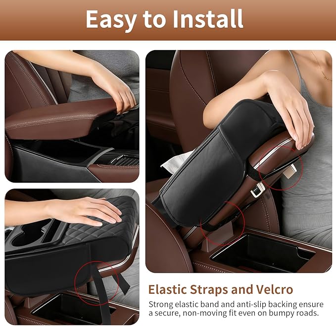 5-in-1 Center Console Cover for Car, Universal Armrest Cover Cushion, Upgrade Arm Rest Cover for Car with Cup Holder & Storage, PVC Leather Armrest Pad with Phone Slot & Tissue Holder, Black