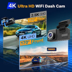 Dashcam Front and Rear Camera, 𝟒𝐊 UHD Dual Channel Dash Cam,WiFi - App Control, G-Sensor, Loop Recording, 170° Wide Angle, Night Vision, 3.6" IPS, S300 Dash Camera for Cars with 32GB Card