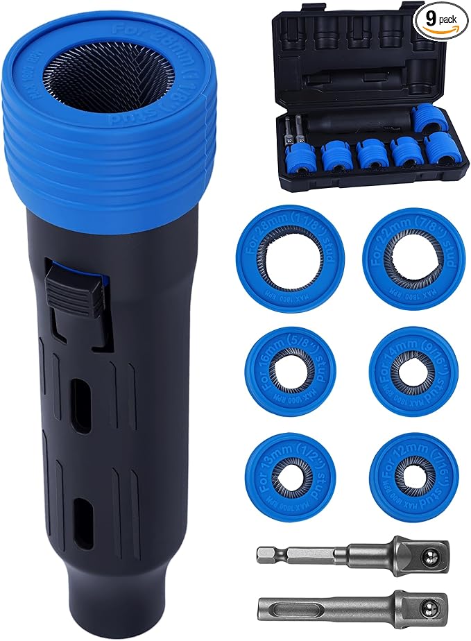 Wheel Stud Cleaner Set, 9-PCS Nylon Thread Cleaning Kit for Impact Wrench & Power Drill, 7/16" to 1-1/8", Safe for Brake Disc & Hub, Restores Proper Torque for Cars, Trucks, SUVs