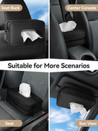 Multi-Functional Car Tissue Holder with ‌2 Storage Nets, Upgraded PU Leather Tissue Box Cover, Large Rectangle Napkin Organizer Fit for 100-160 Regular Size Tissues, Keep Car Tidy, Black