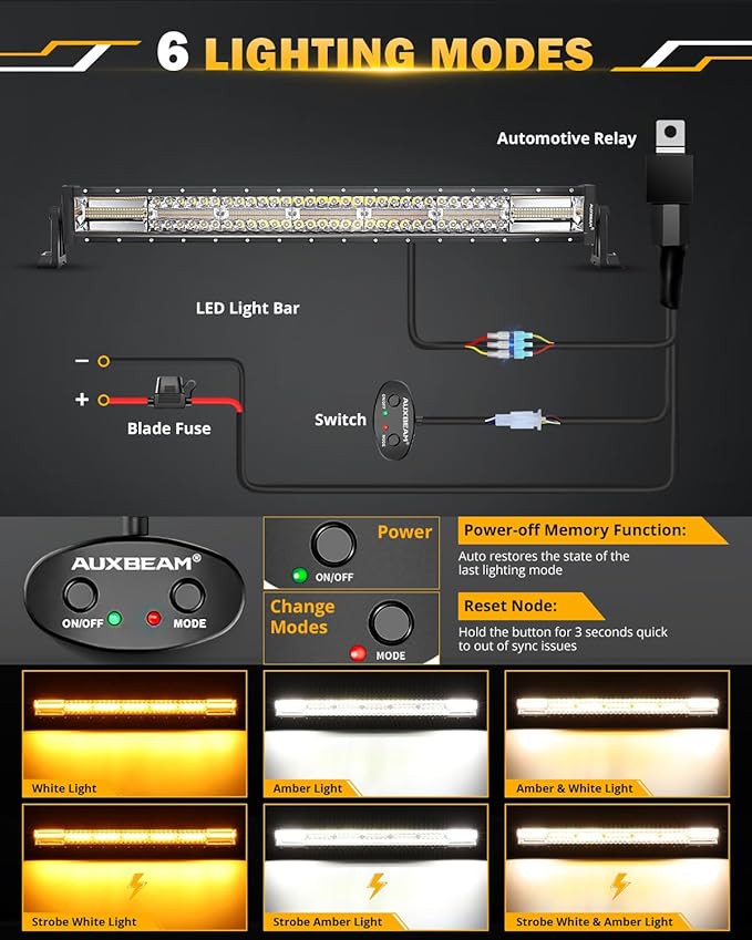 Auxbeam 30 Inch 180W LED Light Bar, 6 Modes Spot Flood Combo Offroad Lighting Amber White Strobe Fog Light, Memory Reset Function Waterproof Driving Work Light with Wiring Harness Kit