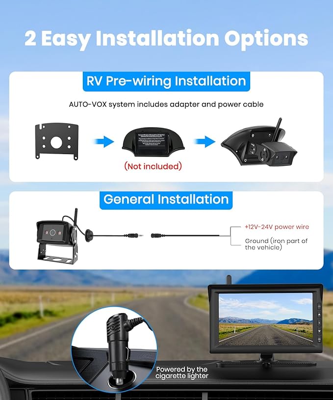 AUTO-VOX 7" Dual Wireless RV Backup Camera System: 2 Cams for Full Surround View, Plug & Play, 1080P HD Monitor, Night Vision & Wide Angle to Eliminate Blind Spots for Trailers, Campers, Motorhomes