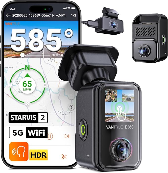 Vantrue E360 Plus All Channel Dash Cam, 585°, Dual STARVIS 2, Fisheye Front + Fisheye Inside + Rear Dash Camera, Dual IR Night Vision, GPS, WiFi, Touchscreen, Parking Mode, Voice Control, Support 1TB
