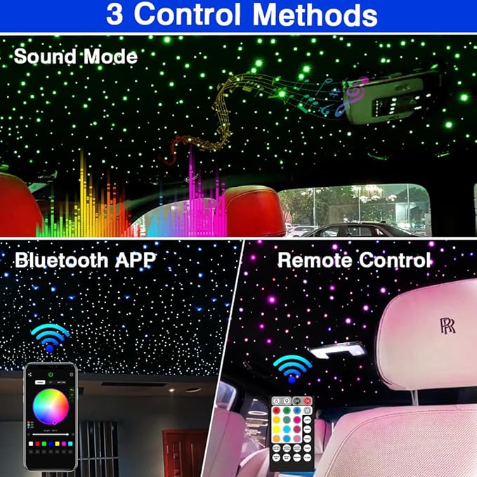 FIREWORK Starlight Headliner Kit, Fiber Optic Lights 10W RGBW Twinkle+Music Effect+APP+Remote, Long-Lasting Durability, 360pcs 9.8ft/3m 0.03in/0.75mm Fiber Cable for Star Lights for Car & Home Ceiling