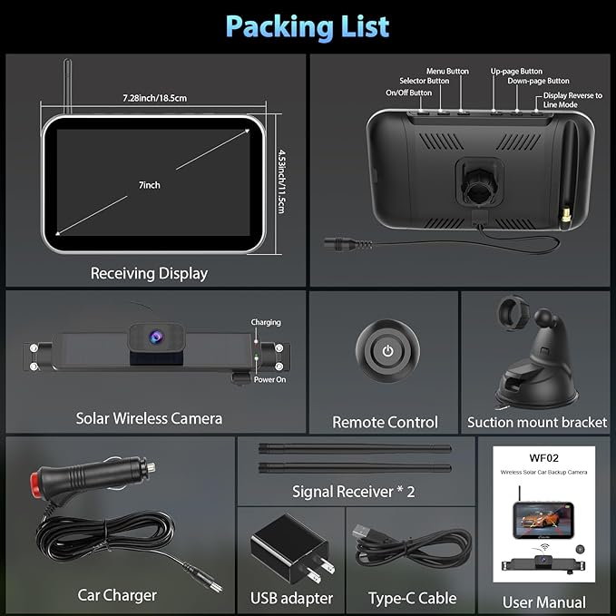 Carpuride Solar Wireless Backup Camera with 7" Monitor Rechargeable 6700mAh Battery 1080P Back Up Cam Auto Sleep, 170°Wide Angle, IP69K Waterproof, Easy Installation for Car, Van, Truck, Trailer, Bus