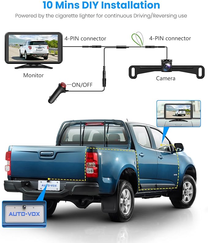 AUTO-VOX Backup Camera for Truck Plug and Play: 4.8" 1080P Stable Signal Clear Night Vision Rear View Camera System, IP69K Waterproof 3X Zoom Back Up Camera for Car SUV Pickup Van