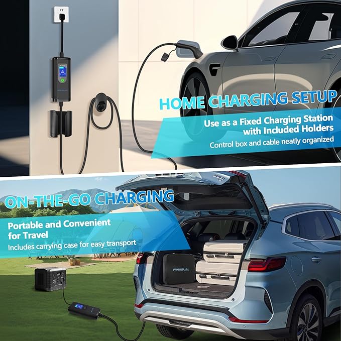 Portable Level 2 EV Charger, Adjustable 40A Electric Car Charger J1772, 240V NEMA 14-50 Plug EVSE Home Charging Station with 25ft Cable and Carry Bag