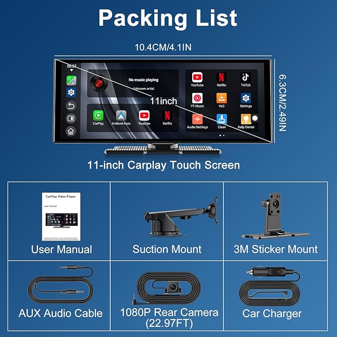 Upgraded 11" CarPlay Screen for Car, Built-in Net-Flix/YouTube/TikTok and Other Apps (No Mirroring Needed), Wireless Car Stereo for Apple Carplay & Android Auto with HD Backup Camera,OTA Updates