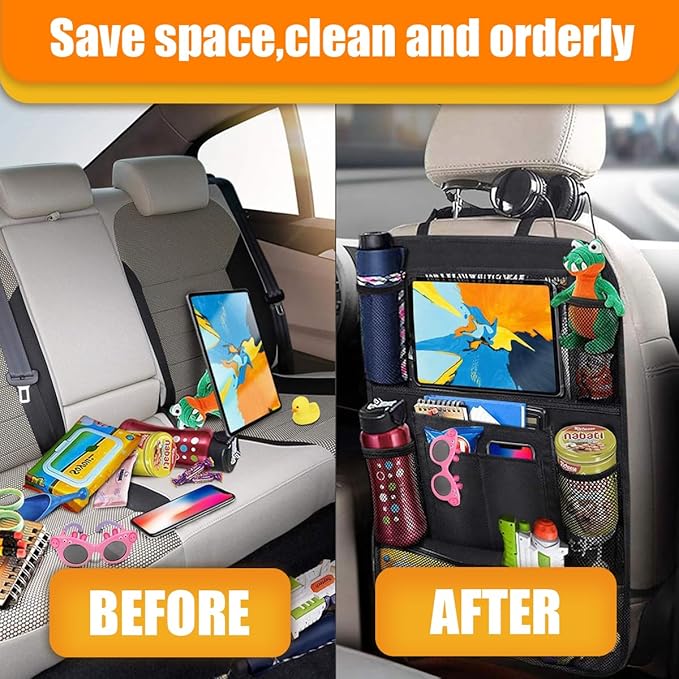 ZIMISI Car Backseat Organizer, Oxford Cloth Kick Mats Back Seat Protector with 9 Pockets & Clear Tablet Holder, Universal Waterproof Car Road Trip Essentials Storage Accessory (2PCS)