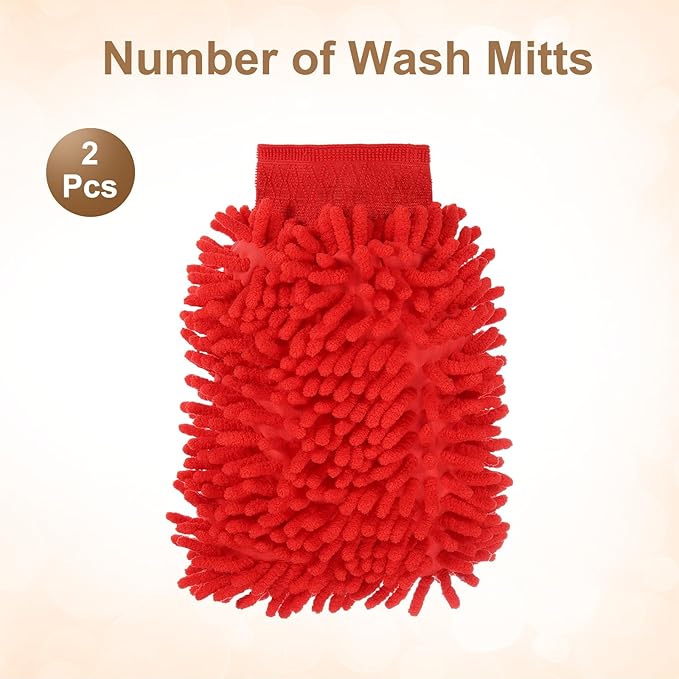 HARFINGTON 2pcs Chenille Microfiber Car Wash Mitts 9.8" x 7.9" Scratch Free Wash Gloves Absorbent Double Sided Plush Cleaning Drying Mitts for Car Washing Home Red